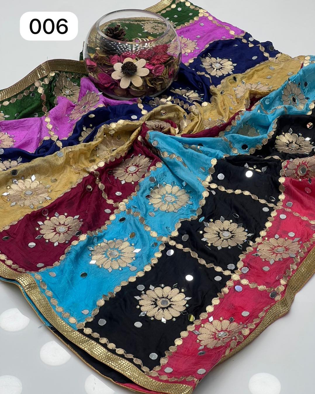 Silk Multi Patches Gotta,Pasting Mirror & Beads 4 Sided Lace Work  Dupatta KSB0K12