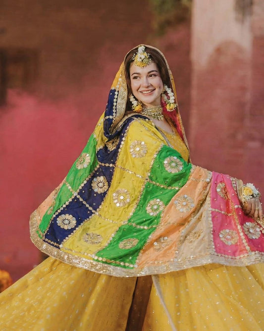 Silk Multi Patches Gotta,Pasting Mirror & Beads 4 Sided Lace Work  Dupatta KSB0K12