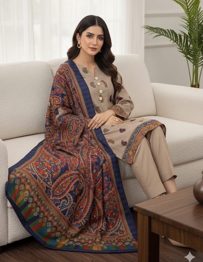 3 Pc Unstitched Kalamkari Pashmina Wool