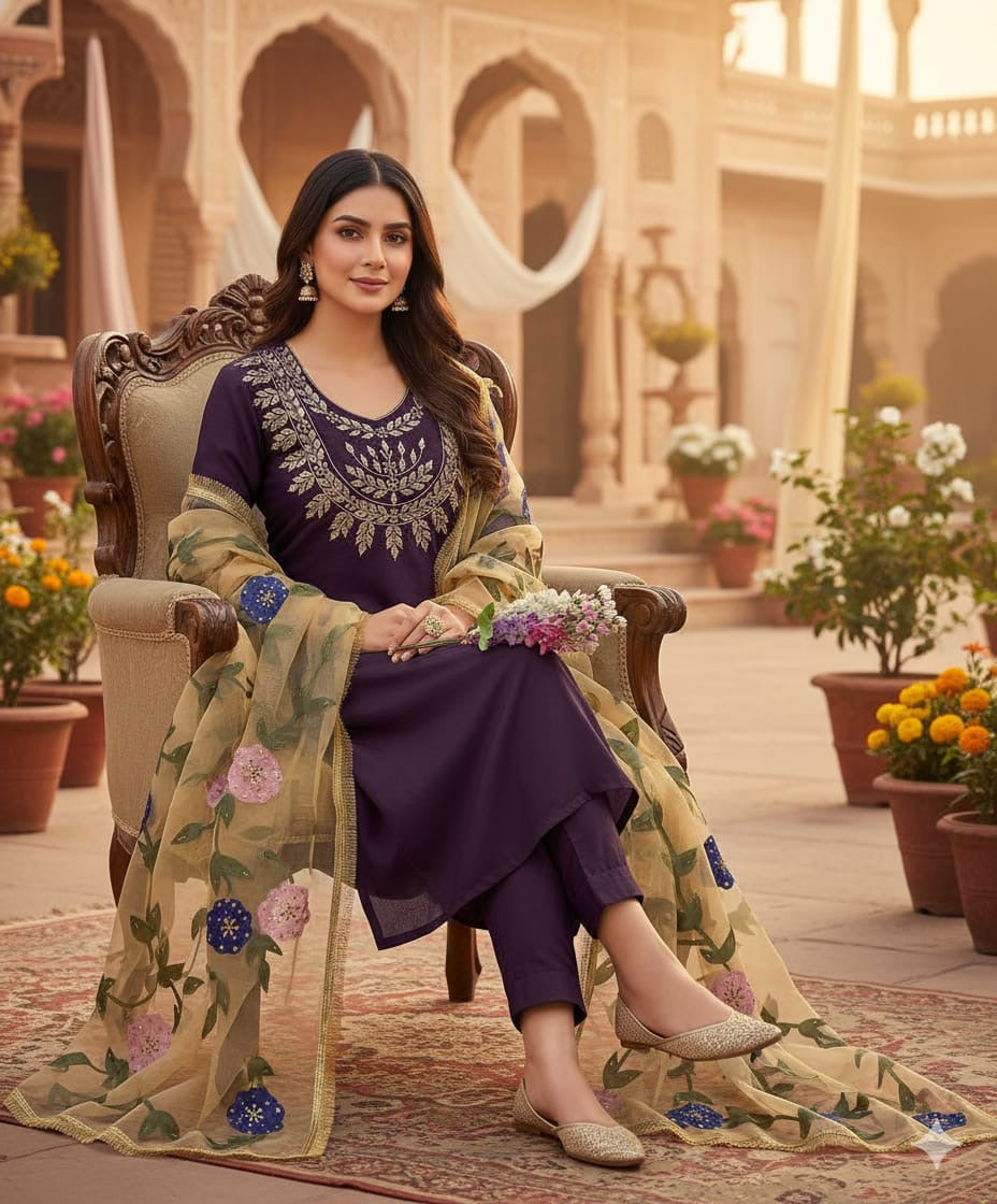 3 Pc Fancy Mirror Unstitched Katan Silk