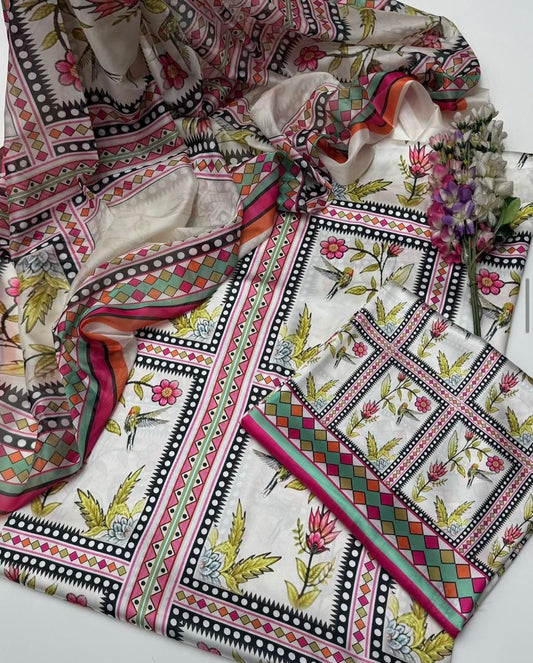 3 pc unstitched Shamoz silk Digital floral prints