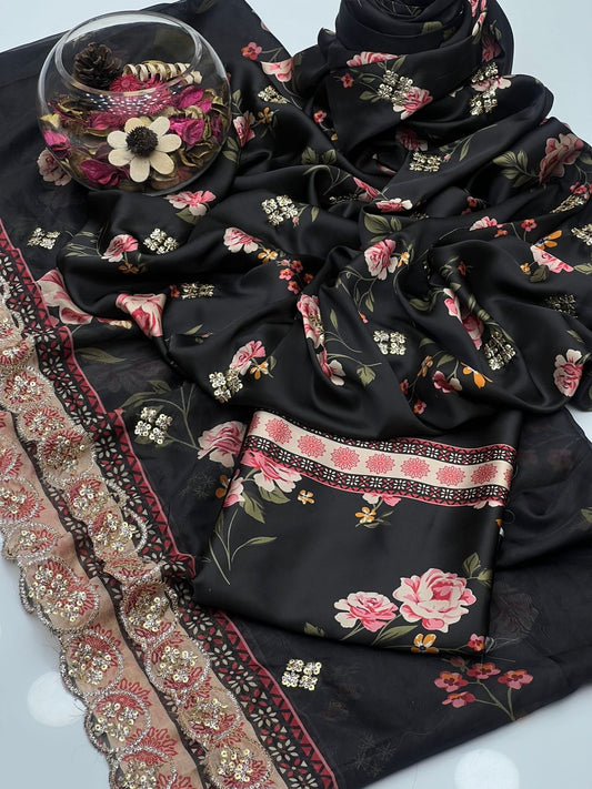 3 Pc Unstitched Shamoze Silk Digital Print Sequence Emb