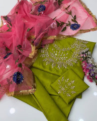 3 Pc Fancy Mirror Unstitched Katan Silk