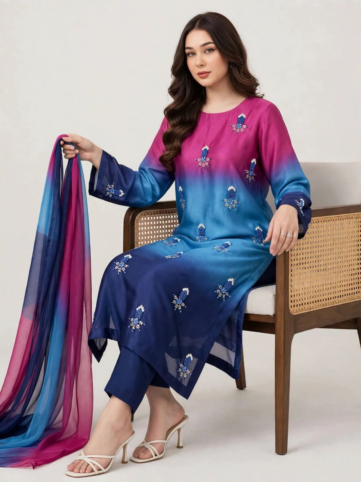3 Pc Unstitched Shamoze Silk Digital Print Pearl Beads