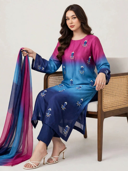 3 Pc Unstitched Shamoze Silk Digital Print Pearl Beads