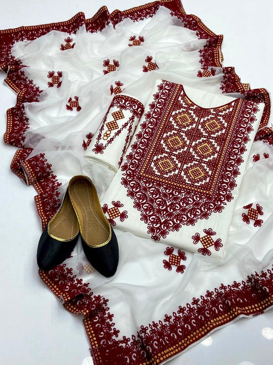 3 pc Unstitched neck embroidery Lawn