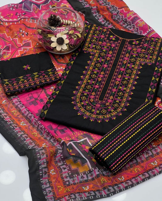 3 Pc Unstitched Lawn Multi Embroidered