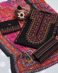 3 Pc Unstitched Lawn Multi Embroidered