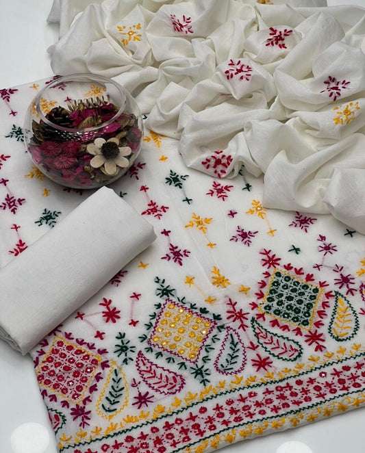 3 Pc Unstitched Pure Lawn Afghani Work Handmade