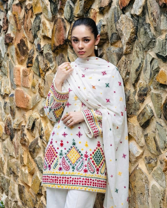 3 Pc Unstitched Pure Lawn Afghani Work Handmade