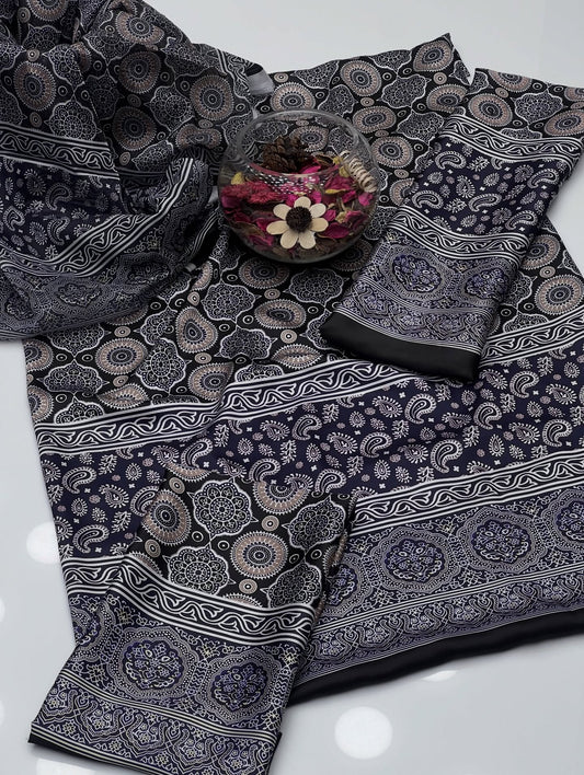 3 Pc Unstitched Shamoze silk Ajrak Digita Prints