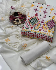 3 Pc Unstitched Pure Lawn Afghani Work Handmade