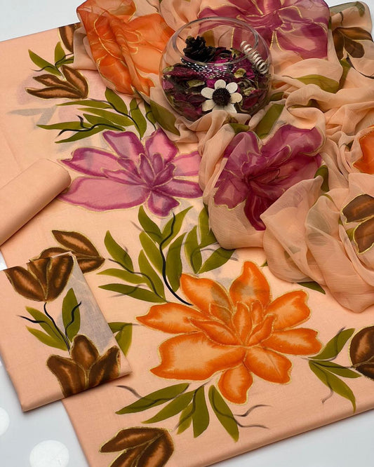 3 Pc Unstitched Oil Paint Work Lawn